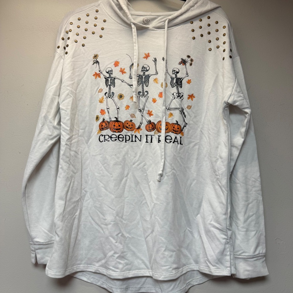 Cato Hoodie Womens Medium White Excellent Creepin It Real Skeleton Studded 14767
